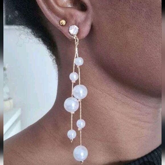 Gold Pearl Long Tassel Drop Dangle Earrings Wedding, Bridal, Statement 💖2/$30 - Picture 1 of 12